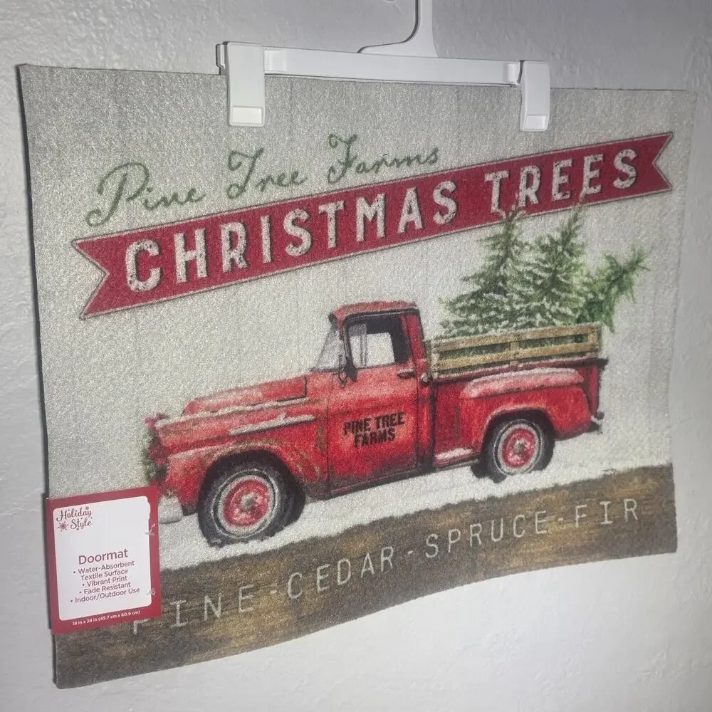 Holiday Style Doormat Rug “Pine Tree Farms” Red Truck Indoor/Outdoor 18”x24”